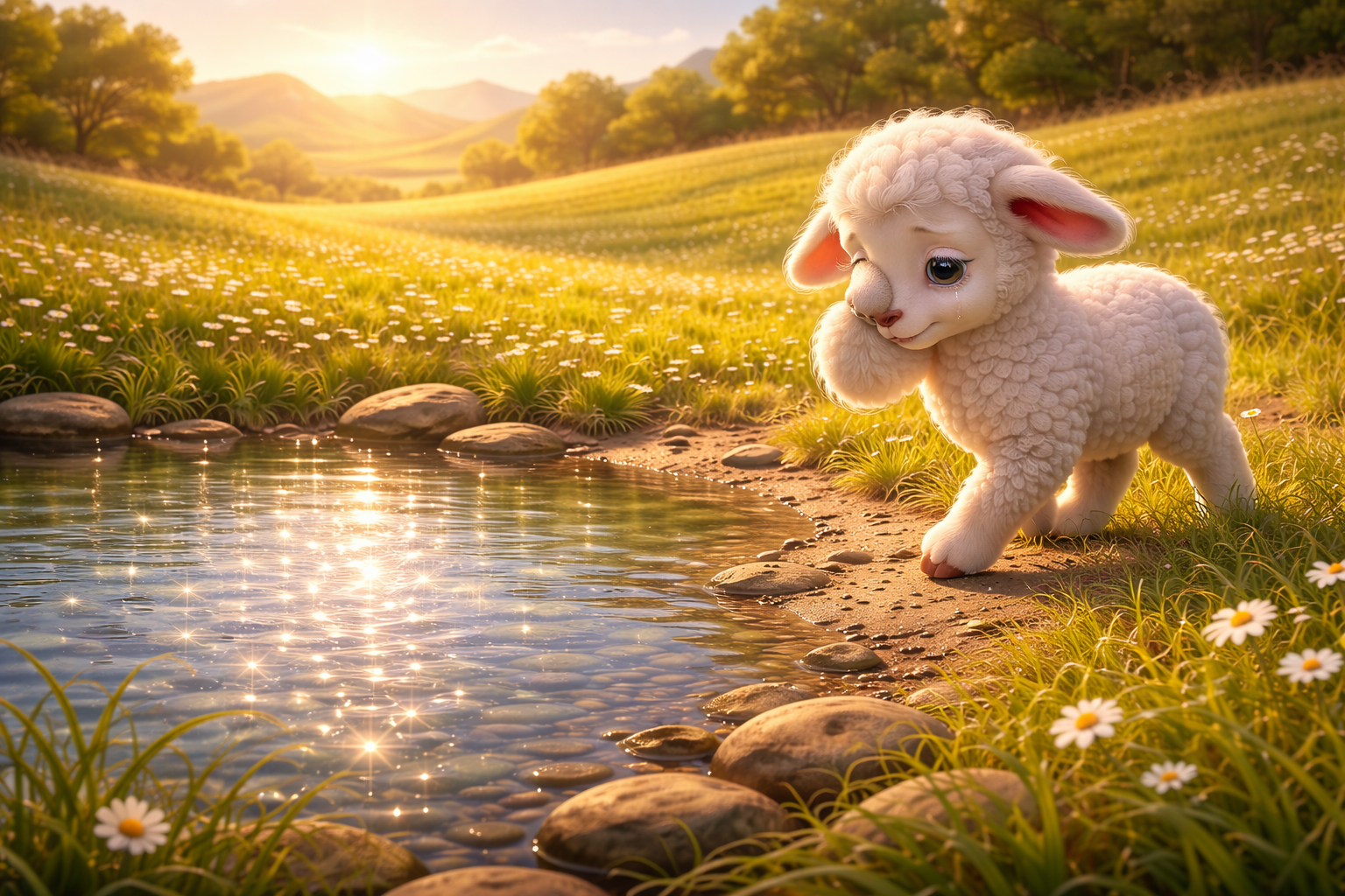 Dolly steht am Rand eines Teichs und blickt auf funkelndes Wasser.