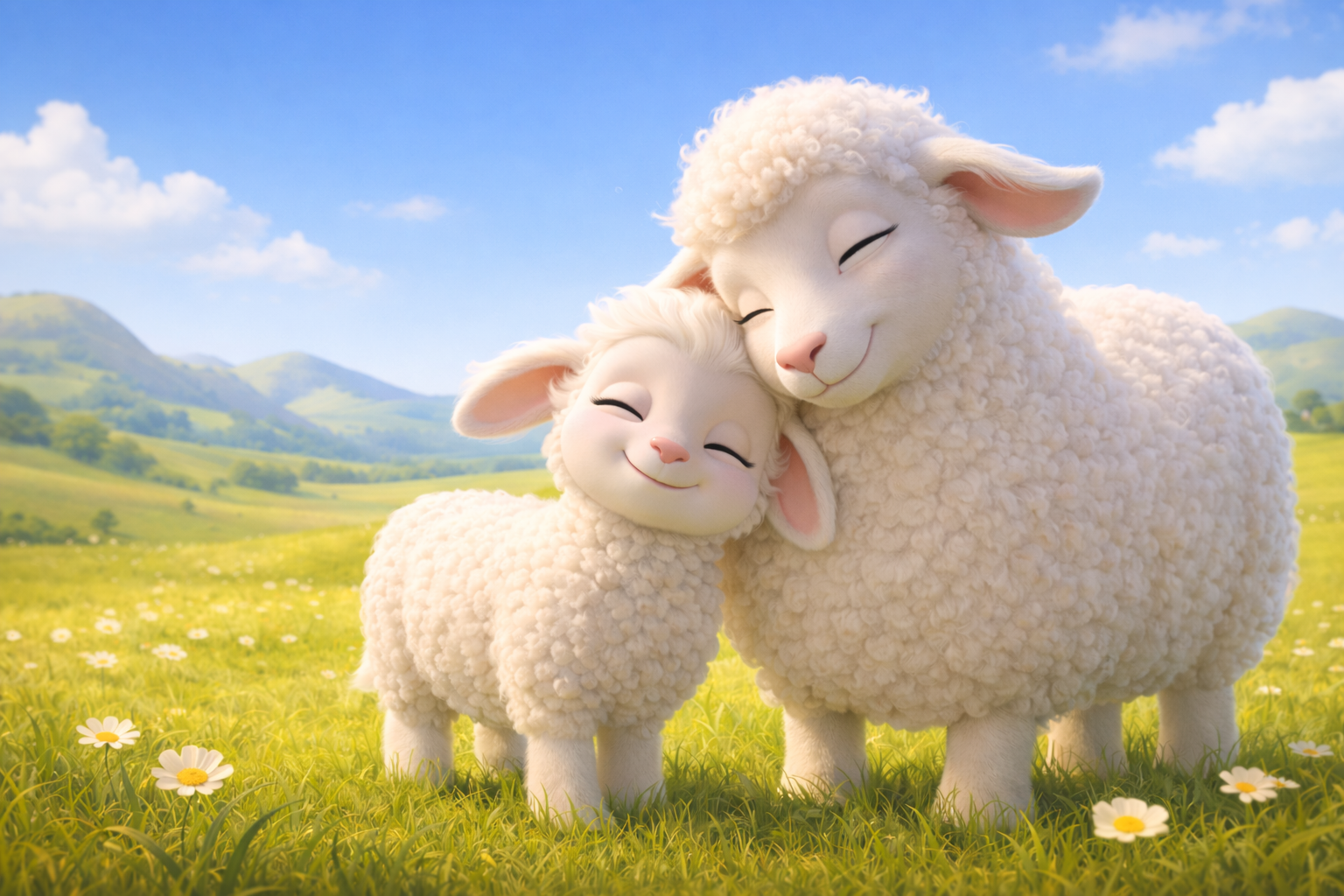 Dolly steht geborgen neben ihrer Mama auf einer grünen Wiese.